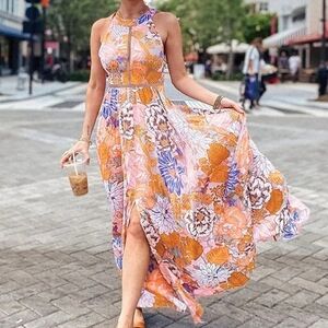 Floral Maxi Dress in Orange and Blue